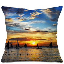 Sailing On Sunset. Boracay Island,Philippines Pillows 47728573