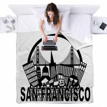 San Francisco Skyline Golden Gate Bridge Black And White Illustr Blankets 68093735