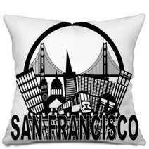 San Francisco Skyline Golden Gate Bridge Black And White Illustr Pillows 68093735