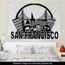 San Francisco Skyline Golden Gate Bridge Black And White Illustr Wall Art 68093735