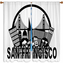 San Francisco Skyline Golden Gate Bridge Black And White Illustr Window Curtains 68093735