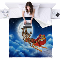 Santa Claus On Reindeer Flying Through The Sky Blankets 58423728