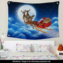 Santa Claus On Reindeer Flying Through The Sky Wall Art 58423728