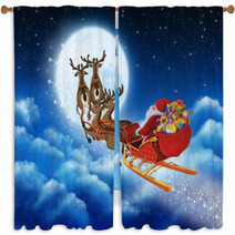 Santa Claus On Reindeer Flying Through The Sky Window Curtains 58423728