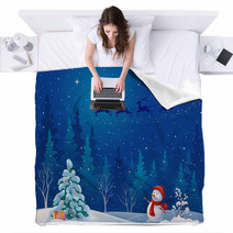 Santa Sleigh And Greeting Snowman Blankets 57511192