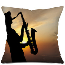 Saxophonist At Sunset Pillows 57290635