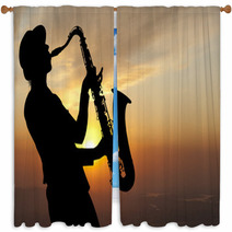 Saxophonist At Sunset Window Curtains 57290635
