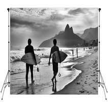 Scenic Black And White View Of Rio De Janeiro Brazil With Brazilian Surfers Walking Along The Shore Of Ipanema Beach Backdrops 97643177