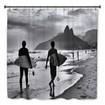 Scenic Black And White View Of Rio De Janeiro Brazil With Brazilian Surfers Walking Along The Shore Of Ipanema Beach Bath Decor 97643177