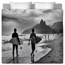 Scenic Black And White View Of Rio De Janeiro Brazil With Brazilian Surfers Walking Along The Shore Of Ipanema Beach Bedding 97643177