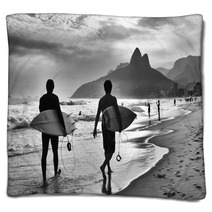 Scenic Black And White View Of Rio De Janeiro Brazil With Brazilian Surfers Walking Along The Shore Of Ipanema Beach Blankets 97643177