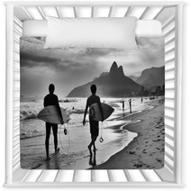 Scenic Black And White View Of Rio De Janeiro Brazil With Brazilian Surfers Walking Along The Shore Of Ipanema Beach Nursery Decor 97643177