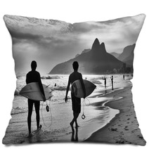 Scenic Black And White View Of Rio De Janeiro Brazil With Brazilian Surfers Walking Along The Shore Of Ipanema Beach Pillows 97643177