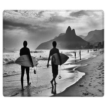 Scenic Black And White View Of Rio De Janeiro Brazil With Brazilian Surfers Walking Along The Shore Of Ipanema Beach Rugs 97643177