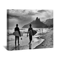 Scenic Black And White View Of Rio De Janeiro Brazil With Brazilian Surfers Walking Along The Shore Of Ipanema Beach Wall Art 97643177