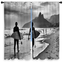 Scenic Black And White View Of Rio De Janeiro Brazil With Brazilian Surfers Walking Along The Shore Of Ipanema Beach Window Curtains 97643177