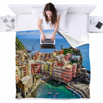 Scenic View Of Ocean And Harbor In Colorful Village Vernazza Blankets 56857806