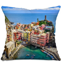 Scenic View Of Ocean And Harbor In Colorful Village Vernazza Pillows 56857806