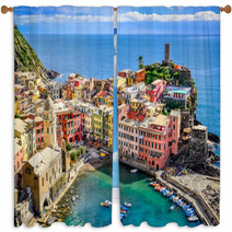 Scenic View Of Ocean And Harbor In Colorful Village Vernazza Window Curtains 56857806