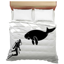 Scuba Diver And Dugong Contour Silhouettes Isolated Bedding 28167995