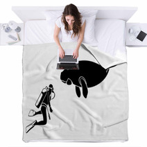Scuba Diver And Dugong Contour Silhouettes Isolated Blankets 28167995