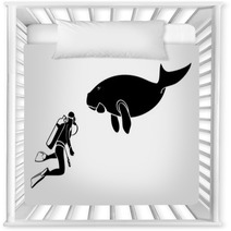 Scuba Diver And Dugong Contour Silhouettes Isolated Nursery Decor 28167995