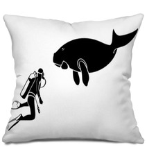 Scuba Diver And Dugong Contour Silhouettes Isolated Pillows 28167995