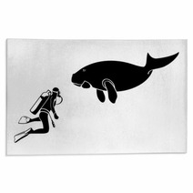 Scuba Diver And Dugong Contour Silhouettes Isolated Rugs 28167995