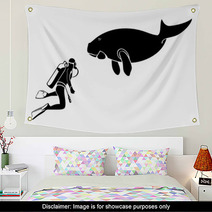 Scuba Diver And Dugong Contour Silhouettes Isolated Wall Art 28167995