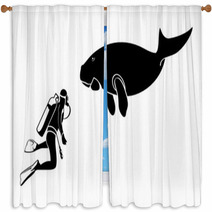 Scuba Diver And Dugong Contour Silhouettes Isolated Window Curtains 28167995