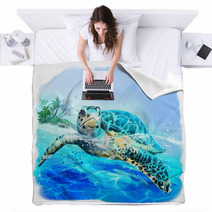 Sea Turtle Floats Watercolor Drawing Blankets 223568590