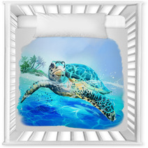 Sea Turtle Floats Watercolor Drawing Nursery Decor 223568590