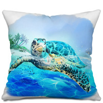 Sea Turtle Floats Watercolor Drawing Pillows 223568590