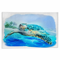 Sea Turtle Floats Watercolor Drawing Rugs 223568590