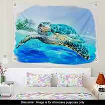 Sea Turtle Floats Watercolor Drawing Wall Art 223568590