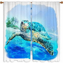 Sea Turtle Floats Watercolor Drawing Window Curtains 223568590
