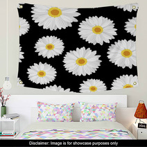 Seamless Background With Daisy Flowers On Black. Vector. Wall Art 50065039