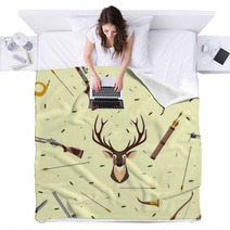 Seamless Background With Deer Head Hunting Equipment And Weapon Blankets 71807714
