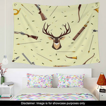 Seamless Background With Deer Head Hunting Equipment And Weapon Wall Art 71807714