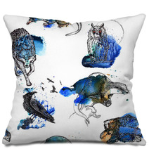 Seamless Background With Forest Wildlife. Animals Living In The Woods. Free Hand Drawing On A Watercolor Splash. Isolated On White Background. Textile Print, Wallpaper. Pillows 101332234