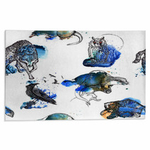Seamless Background With Forest Wildlife. Animals Living In The Woods. Free Hand Drawing On A Watercolor Splash. Isolated On White Background. Textile Print, Wallpaper. Rugs 101332234