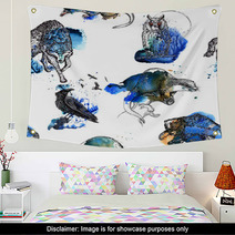 Seamless Background With Forest Wildlife. Animals Living In The Woods. Free Hand Drawing On A Watercolor Splash. Isolated On White Background. Textile Print, Wallpaper. Wall Art 101332234
