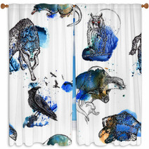 Seamless Background With Forest Wildlife. Animals Living In The Woods. Free Hand Drawing On A Watercolor Splash. Isolated On White Background. Textile Print, Wallpaper. Window Curtains 101332234