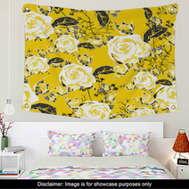 Seamless Background With Roses And Butterflies Wall Art 60753513