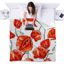 Seamless Floral Background With Red Poppy Blankets 66605798