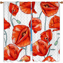 Seamless Floral Background With Red Poppy Window Curtains 66605798