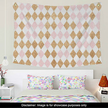 Seamless Gold Pattern Golden And Pink Diamonds On A White Backg Wall Art 118430420
