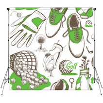 Seamless Golf Pattern With Basket Shoes Car Putter Ball Gloves Bag Vector Set Of Hand Drawn Sports Equipment Illustration In Sketch Style On White Background Backdrops 169744423