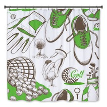 Seamless Golf Pattern With Basket Shoes Car Putter Ball Gloves Bag Vector Set Of Hand Drawn Sports Equipment Illustration In Sketch Style On White Background Bath Decor 169744423
