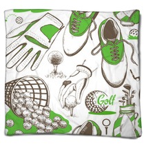 Seamless Golf Pattern With Basket Shoes Car Putter Ball Gloves Bag Vector Set Of Hand Drawn Sports Equipment Illustration In Sketch Style On White Background Blankets 169744423